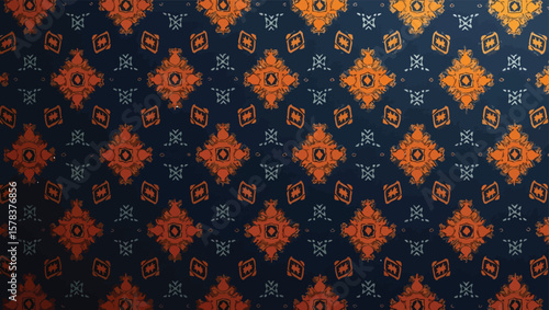 Hand loomed Yakan fabrics Weaving Filipino, Decorative design with orange geometric shapes on a blue background creates a patterned textile texture.