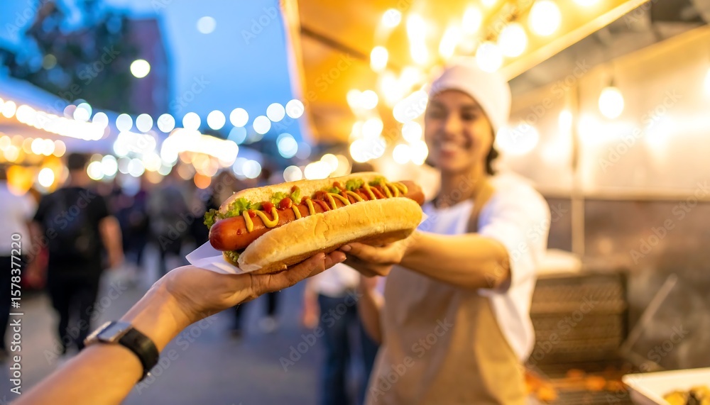 Fototapeta premium Smiling Vendor Hands Delicious Hot Dog to Customer at Vibrant Evening Street Food Market with Bokeh Lights