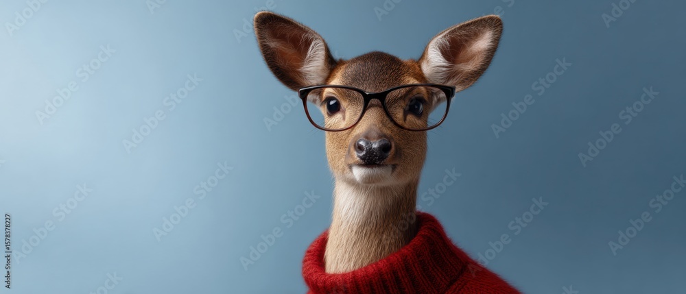 Obraz premium Deer Wearing Glasses and Red Sweater Depicting Animal Anthropomorphism Concept