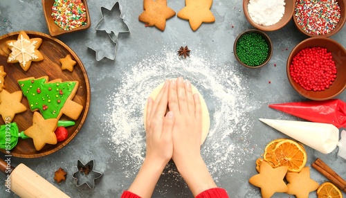 Fototapeta Naklejka Na Ścianę i Meble -  Christmas Baking Flat Lay: Hands Kneading Dough for Festive Gingerbread Cookies with Spices, Sprinkles & Decorations on Grey Table
