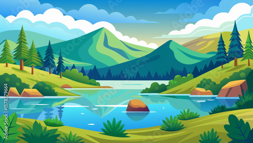 Vibrant flat design landscape with mountains lake and pine trees