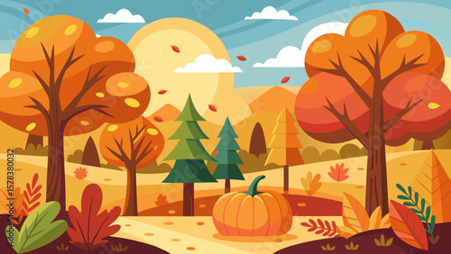Vibrant autumn landscape with colorful trees falling leaves and a pumpkin