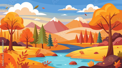 Vibrant autumn landscape with colorful trees mountains and a flowing river