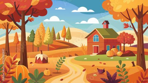 Charming autumn farm scene with colorful trees and pumpkins