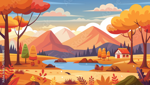 Vibrant autumn landscape with a cozy cabin by a serene lake and distant mountains