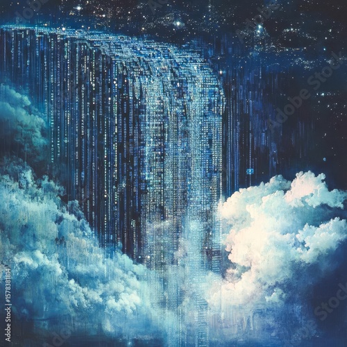 largescale data leak represented as waterfall of binary code from cloud server surreal art