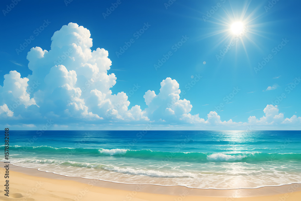 Fototapeta premium Sunny beach ocean waves blue sky sand