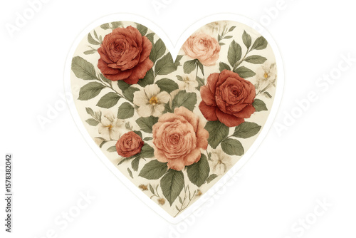 Vintage heart-shaped rose bouquet expressing romantic sentiment, symbolizing love's tender embrace with delicate floral arrangement against transparent backdrop