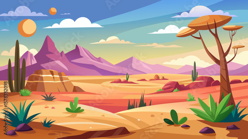 Vibrant desert landscape with mountains cacti and a unique tree under a colorful sky