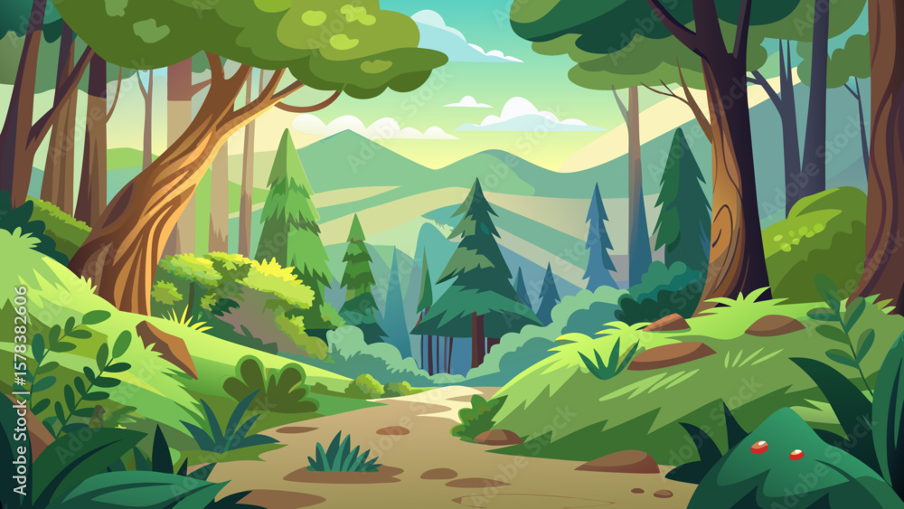 Naklejka premium Cartoon forest path winding through lush green trees and rolling hills