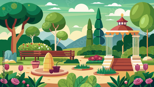 Stylized park scene with a gazebo bench fountain and blooming flowers