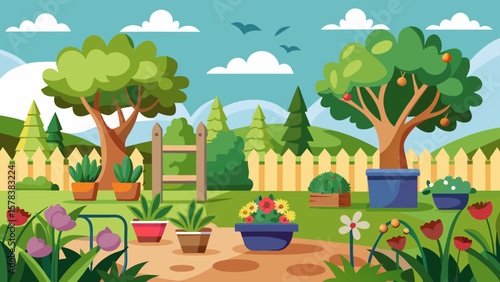 Vibrant cartoon garden scene with blooming flowers and fruit trees