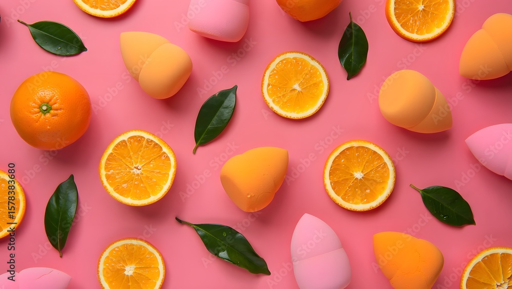 Obraz premium Flat lay of oranges and makeup sponges on pink background for beauty and lifestyle blog