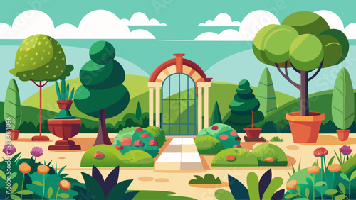 Beautifully manicured garden with blooming flowers and a grand arched entrance