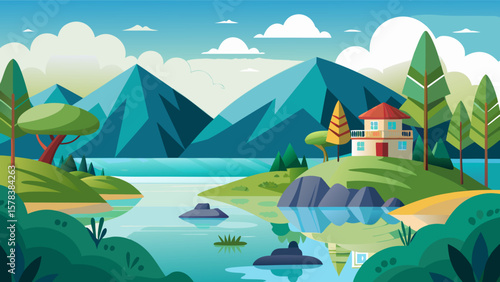Idyllic lakeside landscape with a house and mountains in a flat design style