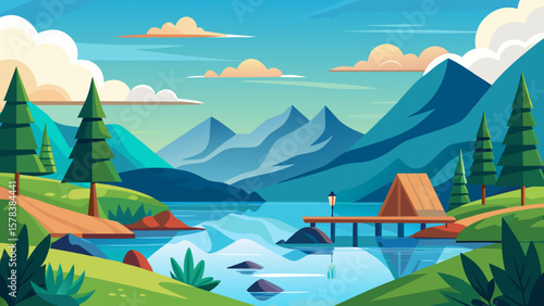 Serene mountain lake landscape with a wooden pier and a small cabin