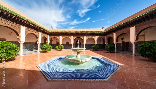 Moroccan Courtyard with Fountain and Arcades.