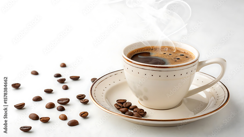 Fototapeta premium Coffee Beans Or Cup On White Background Morning Drink Concept