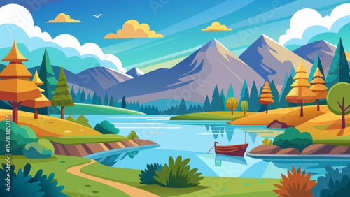 Serene mountain lake landscape with a small boat and autumn trees