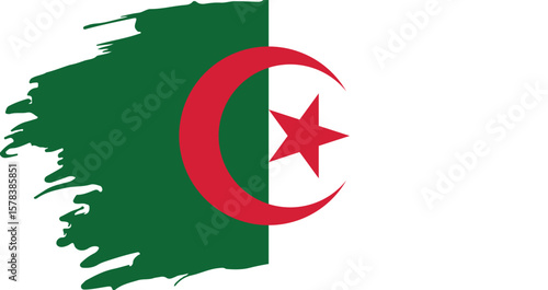 artistic brushstroke style flag of algeria with green and white background and red crescent and star symbol

