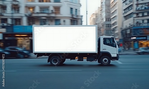 Blank Canvas on the City Street Ad Truck Rolling with Urban Beat Motion Meets a Message Untold A Mobile Billboard, Bright and Bold

