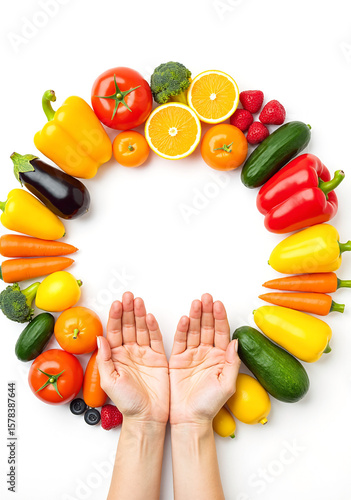 Colorful vegetable and fruit arrangement with hands