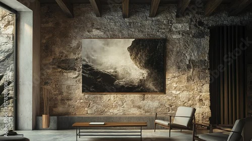 Wallpaper Mural Modern interior design showcasing large ocean artwork in rustic stone wall living room Torontodigital.ca