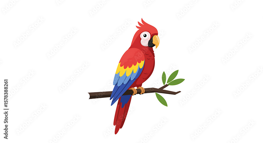 Fototapeta premium Colorful Parrot on a Branch Vector Illustration, Exotic Bird with Vibrant Plumage Perched on a Tree Limb