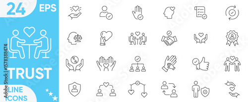 Trust icon set.credibility, promise, trustworthy, friends, truth, ethics, assurance, belief, confidence, faith, handshake, sincerity, honesty and more.Vector and illustrator set.