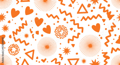 Fun Festive Seamless Pattern with Hearts Zigzags and Sunbursts