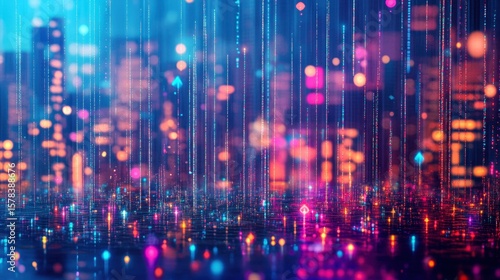 Wallpaper Mural neon pixel rain falling over glass city Torontodigital.ca