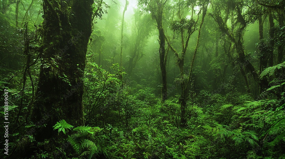 Fototapeta premium Vibrant Lush Green Forest With Sunlight Filtering Through Dense Canopy