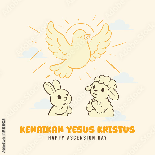 Ascension Day Kenaikan Yesus Kristus Flying Bird Worshipped by Sheep and Bunny Cute Cartoon