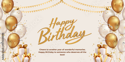 Happy Birthday background design. Happy birthday to you greeting text with elegant gift boxes and gold ribbon birth day party elements for celebration card design.