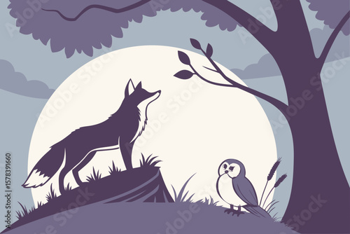 Silhouette of a fox on a hill with an owl under a tree against a full moon in a simple illustration
