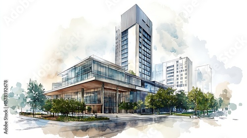Modern city buildings watercolor illustration