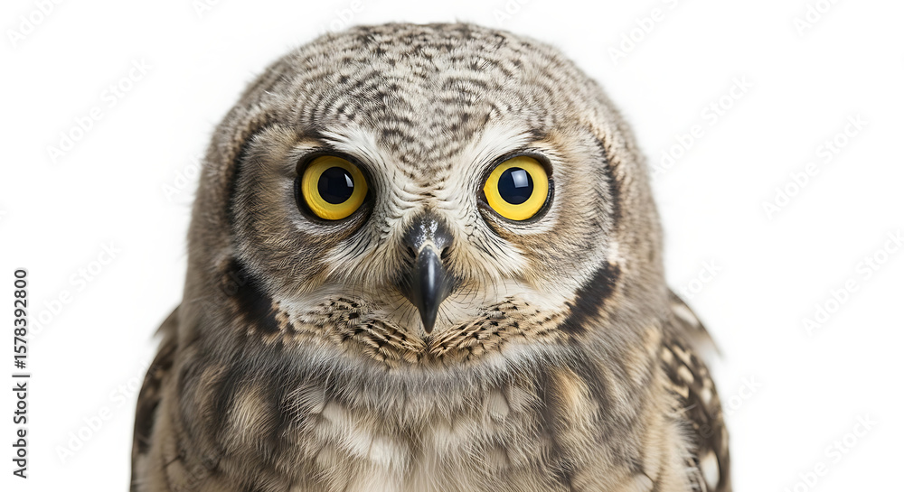 Fototapeta premium Close-Up of an Owl's Face on a White Background, Captivating Portrait of a Wise Owl Staring Intently Ahead