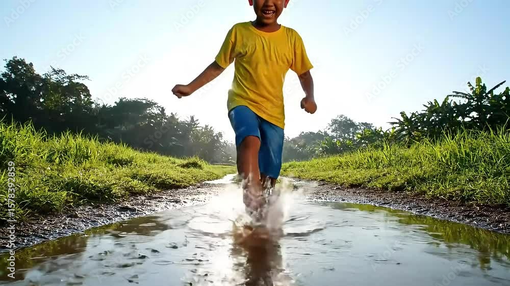Joyful Indonesian Child Laughing and Playing in a Rain Puddle, AI Generated