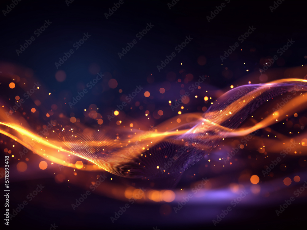 Obraz premium 煌めくオーロラの軌跡 - オレンジと紫の粒子が彩る幻想的な抽象背景