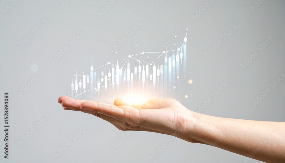 Fototapeta premium A line graph showing real-time stock price trends floating above a hand on a blurred grey background
