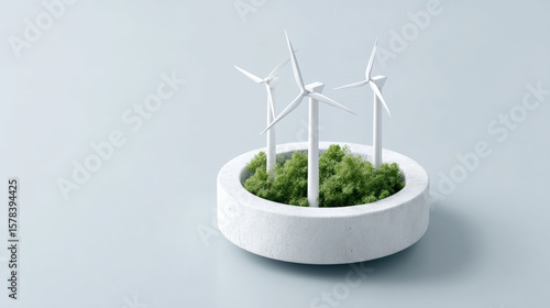 Creative representation of sustainable energy and environmental growth, showcasing wind turbines on miniature green landscape within circular base