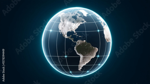 Glowing digital globe showcasing continents and grid lines, symbolizing global connectivity, technological growth, and development standards