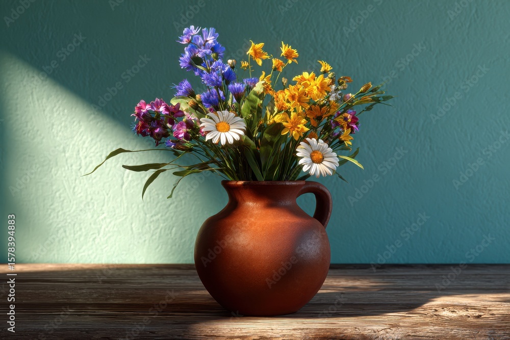 custom made wallpaper toronto digitalA vibrant bouquet of fresh wildflowers in a clay pot against a teal wall with natural light.