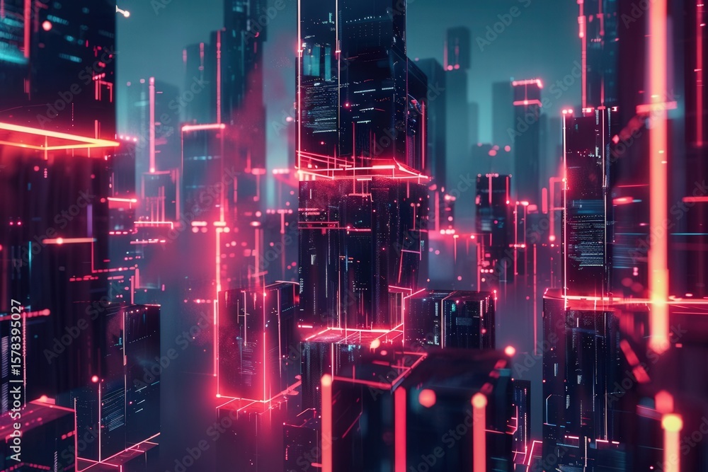 Obraz premium minimalist futuristic cityscape with glowing neon blockchain nodes interconnected by thin light lines dark background on central node .