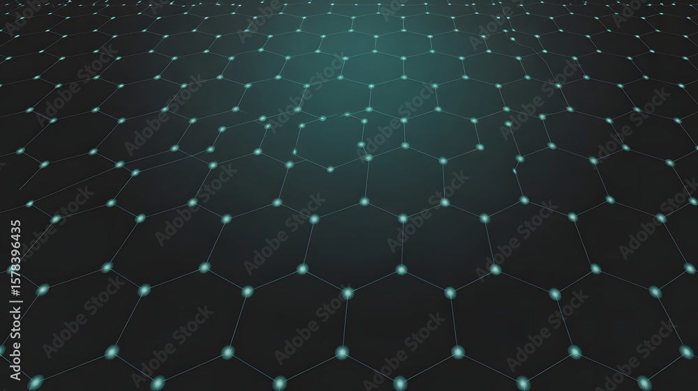 Fototapeta premium Abstract hexagonal network structure with glowing nodes on a dark background