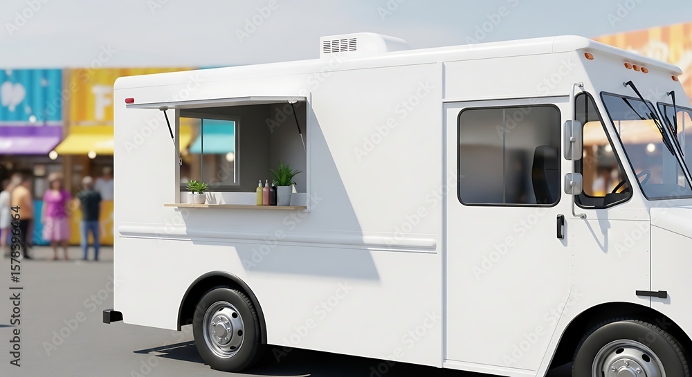 Fototapeta premium Food truck ready for service, parked in a vibrant outdoor market setting, appealing food