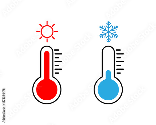 Hot and Cold Temperature Indicator Icons with Thermometer and Weather Symbols for Packaging and Labels