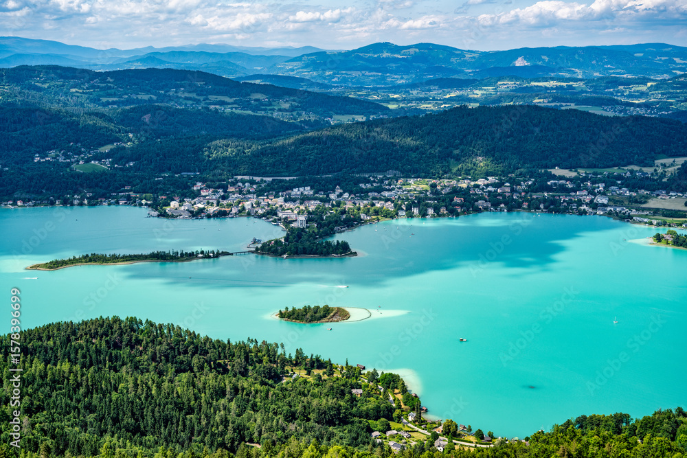 Fototapeta premium A view from the Pyramidenkogel observation tower on Lake Wörthersee
