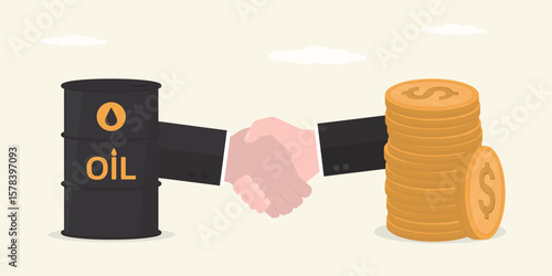 Friendly handshake businessmen between oil barrel and gold coins. Sale of petroleum products and fuels. Successful deal, agreement. Seller and buyer. Commodities market