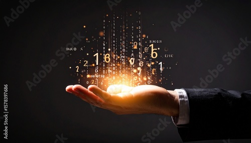 A composition with numerous numbers and data lines pouring like light onto a hand on a dark background